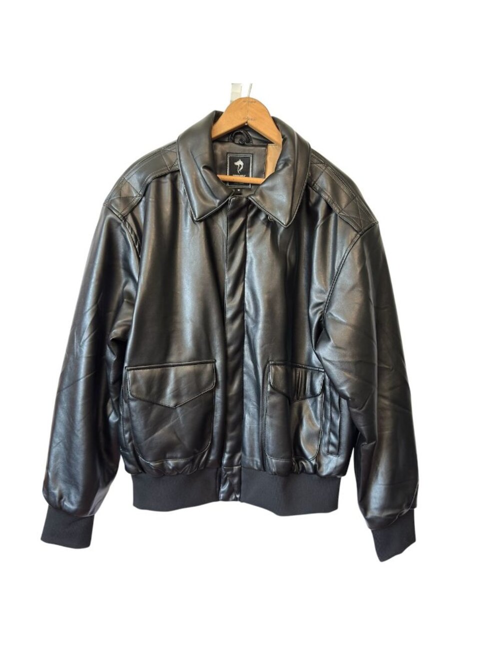 Vintage Shake Wolf Mens Bomber Jacket Faux Leather Black M Flag Lined - Picture 2 of 16